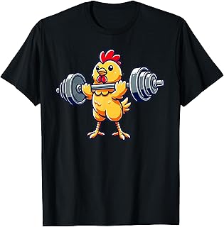 Chicken Powerlifting Gym Workout T-Shirt - Black, Unisex-Adults/Kids, Short Sleeve, Cotton 65% Polyester 35%, Humorous Chicken Design