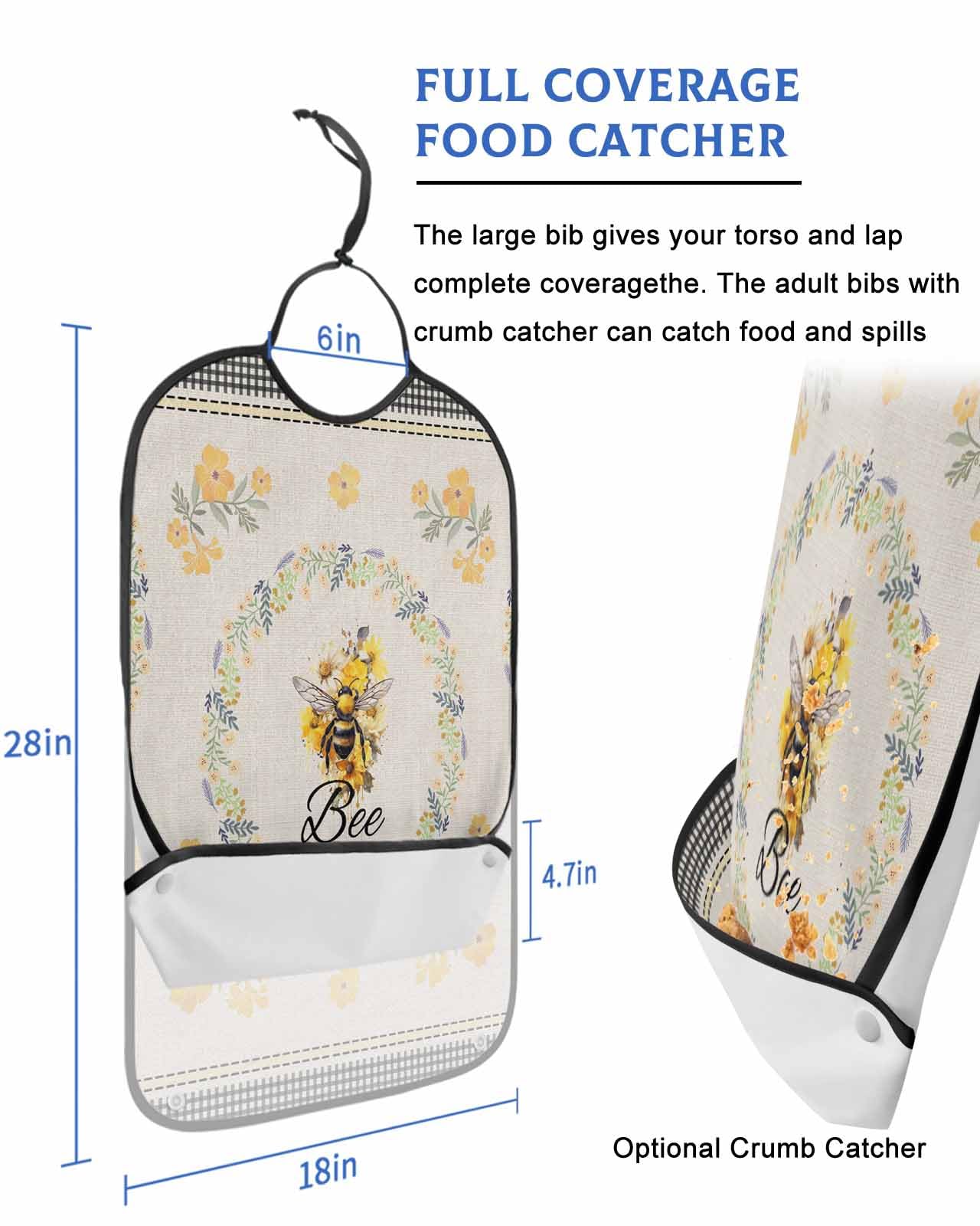 LEOKOTI Summer Bee Adult Bibs for Eating, Waterproof Bibs with Food Catcher & Adjustable Snap Closure, Watercolor Floral Black Plaid Rustic Washable Clothing Protectors Adult Bibs for Elderly