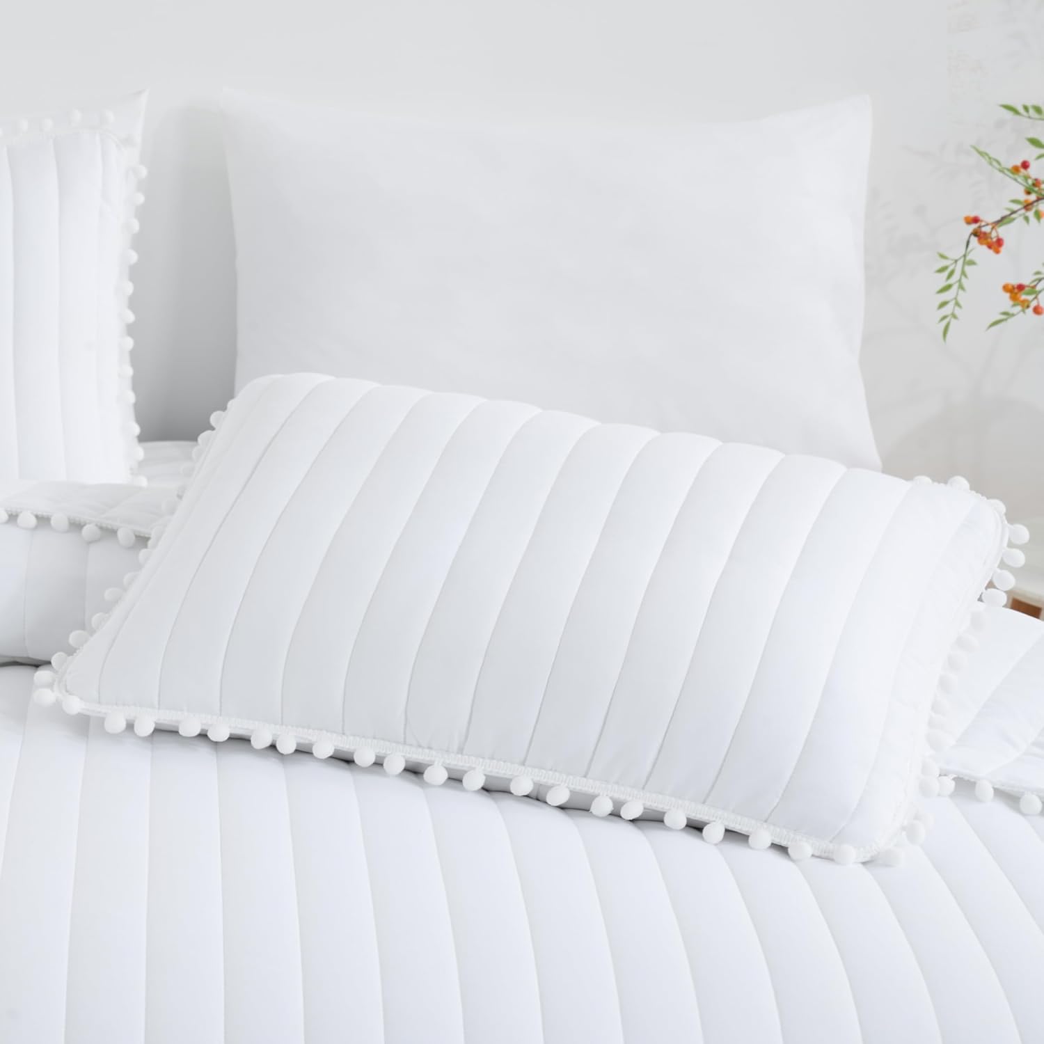 Chezmoi Collection Iris 3-Piece Washed Microfiber Quilt Set with Pom Pom Trim – Soft Lightweight Bedspread Bedding Set, Queen, White