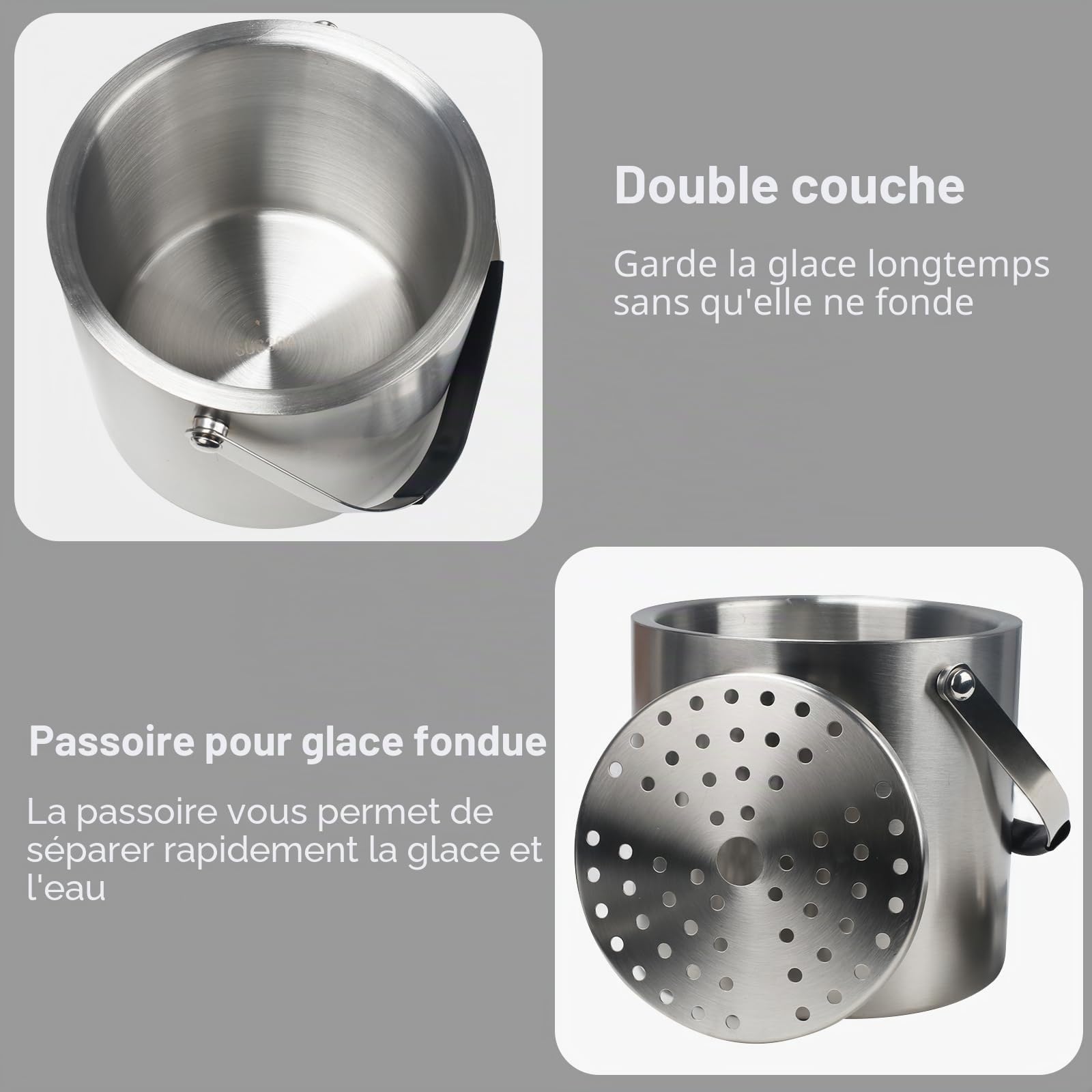 4L Seau a Glacon Sceaux à Glace et Rafraîchisseur Double Paroi | Seau a Champagne Seau à Glaçons Isotherme en Acier Inoxydable avec Couvercle Pince Pelle et Passoire pour Champagne Vin Bière