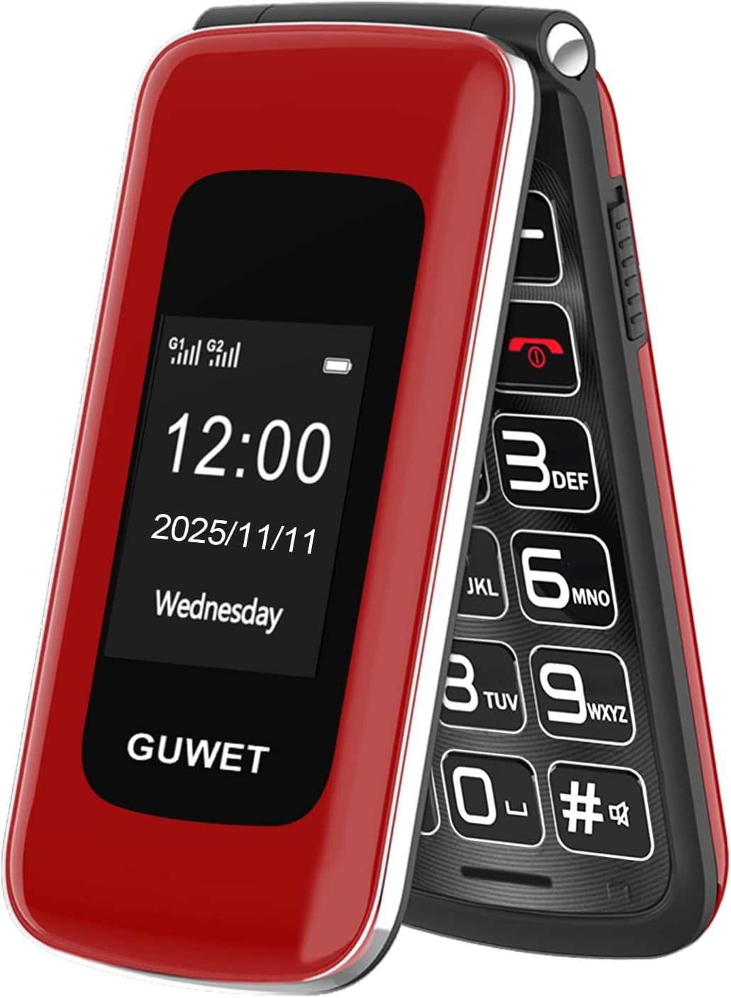 2G Senior Mobile Phone Folding Mobile Phone without Contract, Pensioner Mobile Phone Large Buttons, SOS Emergency Call Function, 1600 mAh Battery, 2.4 Inch + 1.77 Inch Dual Display, Dual SIM with Emergency Call Button, Red – Guwet product photo