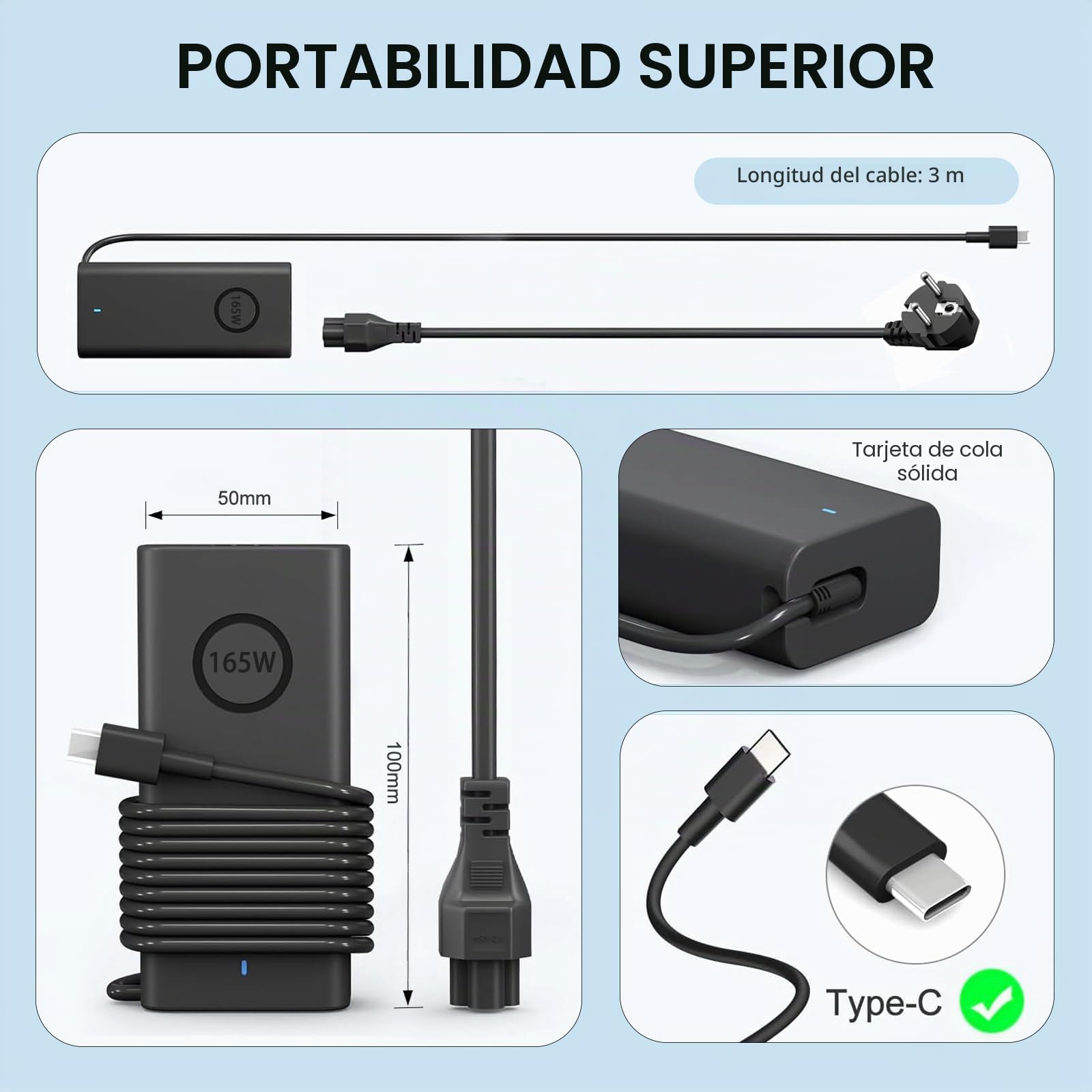 165W Cargador Portatil USB C para DELL Precision 5690 5680 5490 3580 3480 | Pro MAX 14 16 18 Plus, Inspiron-14 16 Plus 7640 7430 Pro Rugged, DA165PM210 HA165PM210 LA165PM210 0M9TG5