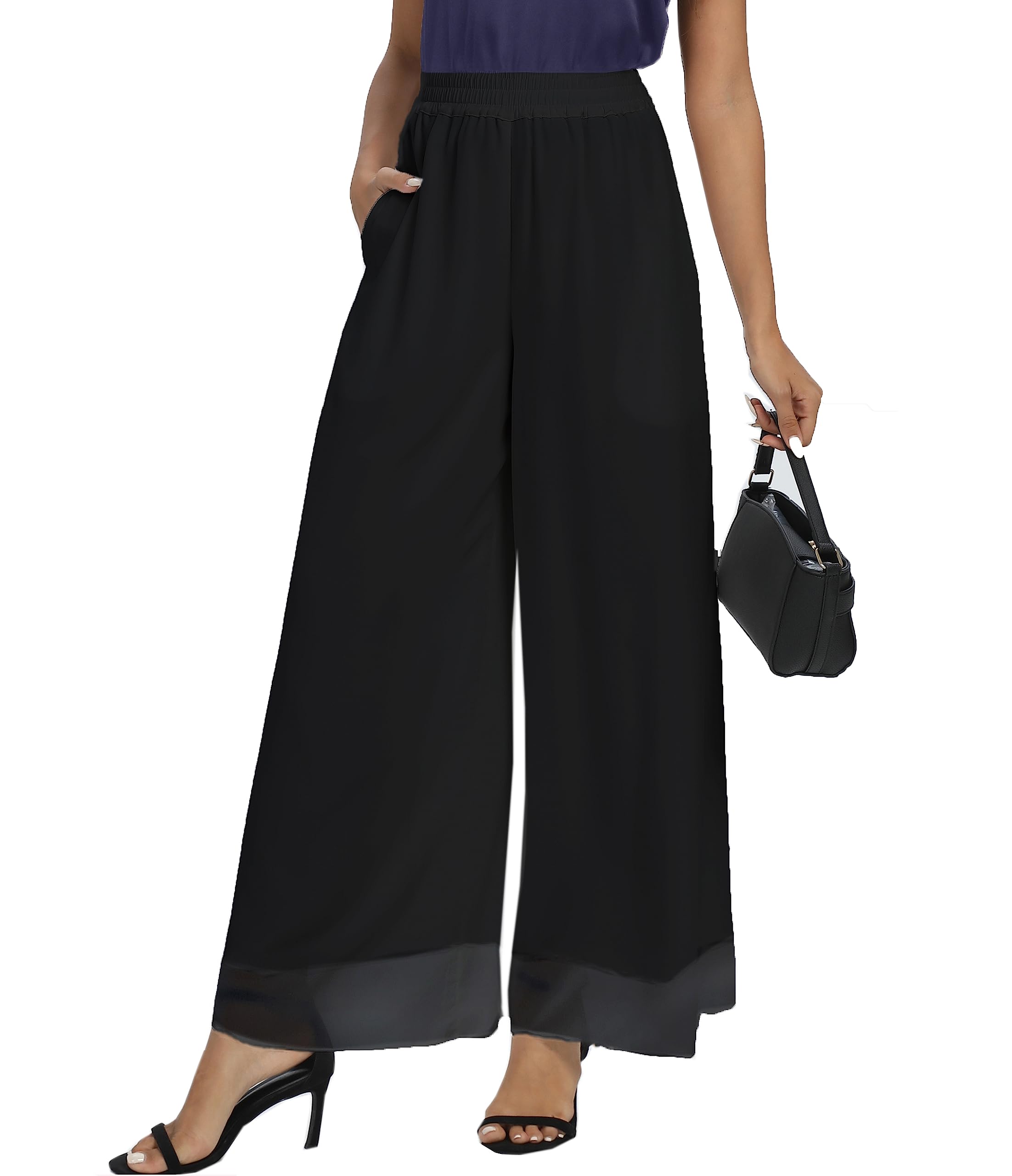 Fakanhui Pantaloni da palazzo a gamba larga in chiffon da donna in vita elastica casual pantaloni da lavoro fluidi