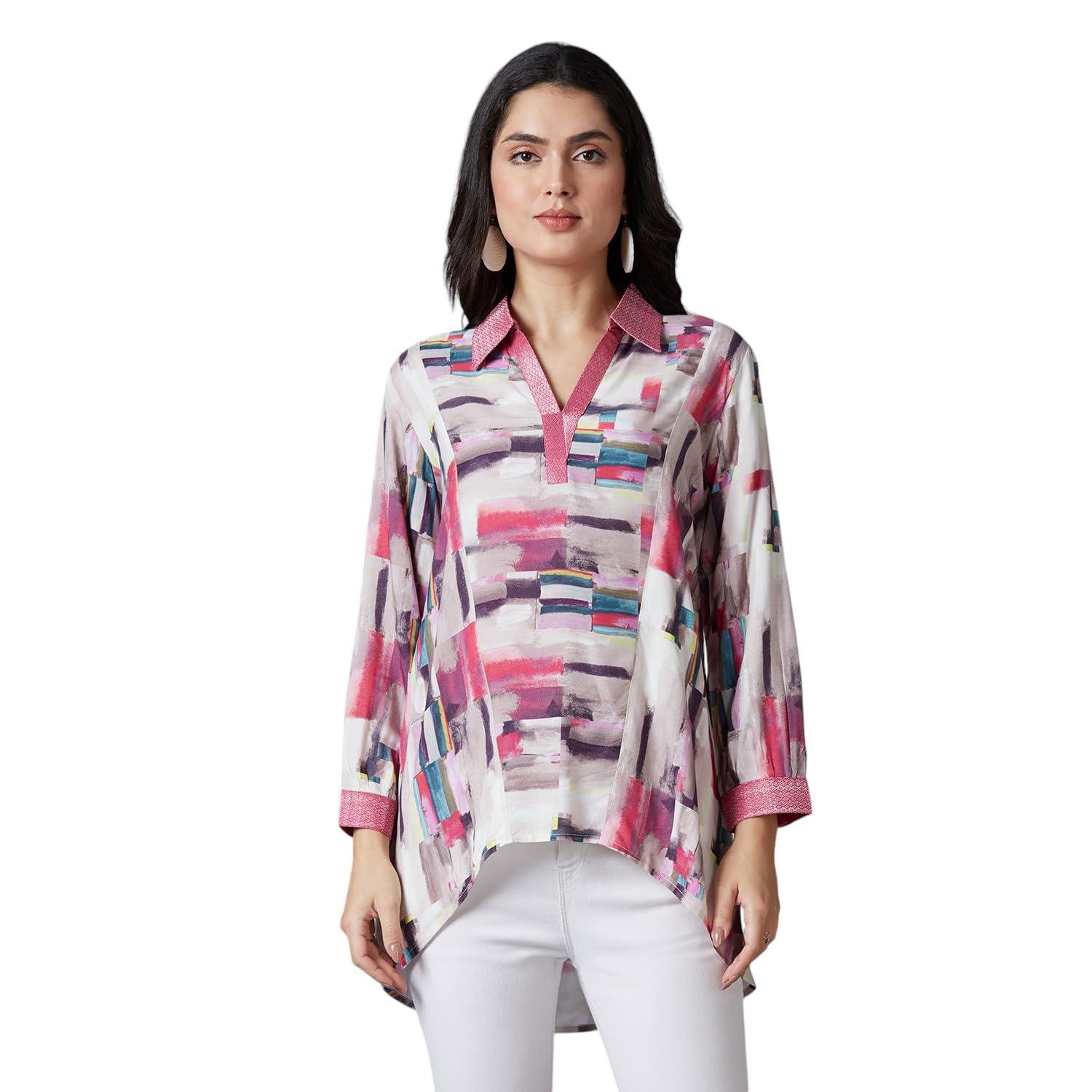 cloth haus india Women's || Pink Multi Abstract Printed Top with Brocade Trims || Viscose Material || Top Kaftan for Women || Short Kaftan-picture-12