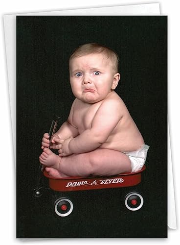 Miniatura 1 de On The Wagon C7338BDG - Tarjeta de felicitación de cumpleaños con sobre 40 x 70in diseño de bebé con miedo en un pequeño vagón rojo