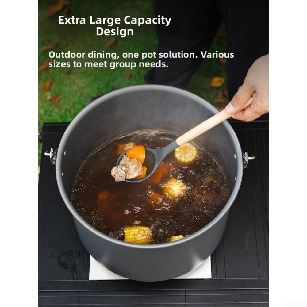Olla colgante de camping de 15 L con tapa y vaporizador, juego de utensilios de cocina de aleación de aluminio anodizado duro con tabla de cortar, mango resistente al calor para picnic al aire libre