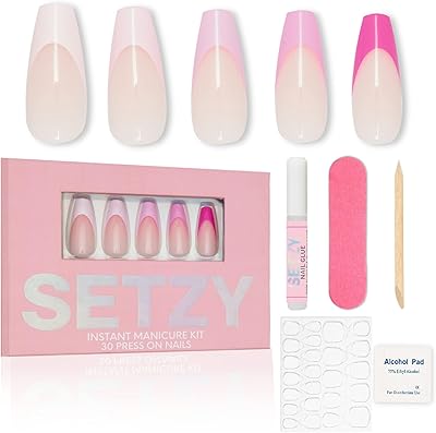 SETZY Press On Nails- Ombre Pink French Tip Nails - Long Coffin - Fake Nail Kit With Super Strong Nail Glue and Adhesive Tabs - Reusable Glue On Nails