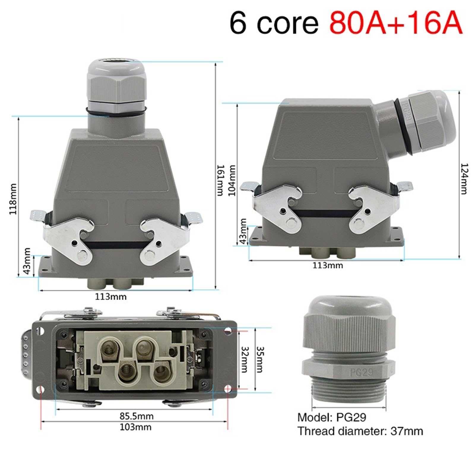 Connecteur rectangulaire robuste HDC-HD-4/2, 6 broches, prise industrielle d'aviation, 80A + 16A, 500V, 1 pièce(Lateral line)