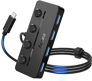 Aceele 4-Port USB Hub, 1m/3.3ft Extension Long Cable Multiple Port USB C Hub, USB Splitter 5Gbps USB Adapter with Individual LED Power Switches for MacBook, Chromebook, Pixelbook, Dell XPS, Galaxy S23