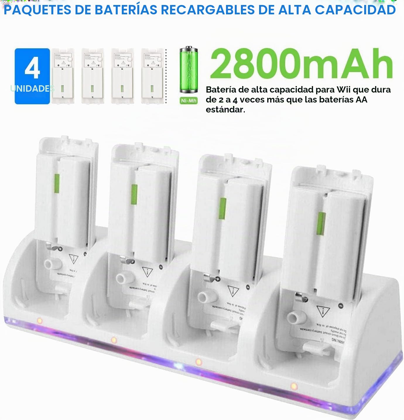 Estación de carga para Wii, 4 en 1 mando estación de carga con indicadores LED 4 piezas 2800mAh batería recargable paquete para mando Wii
