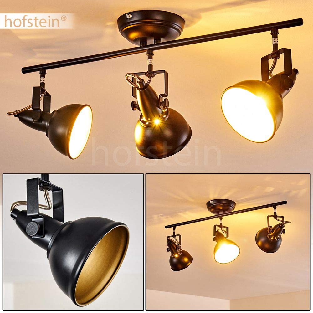 Lámpara de techo Tina, lámpara de techo metálica en negro/oro, 3 luces, con focos ajustables, casquillo 3 x E14, foco de diseño retro/vintage, sin bombilla(s)