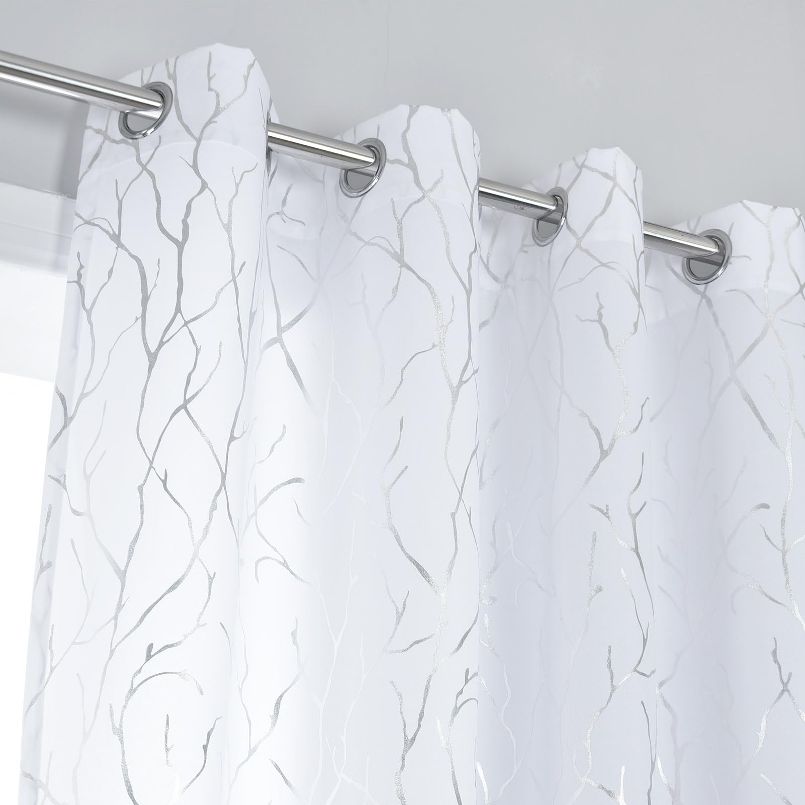 Kotile Silver Tree Branch Curtains 63 Inch Length, Metallic Shimmer White Curtains for Bedroom Grommet Top Privacy Semi-Sheer - Image 3