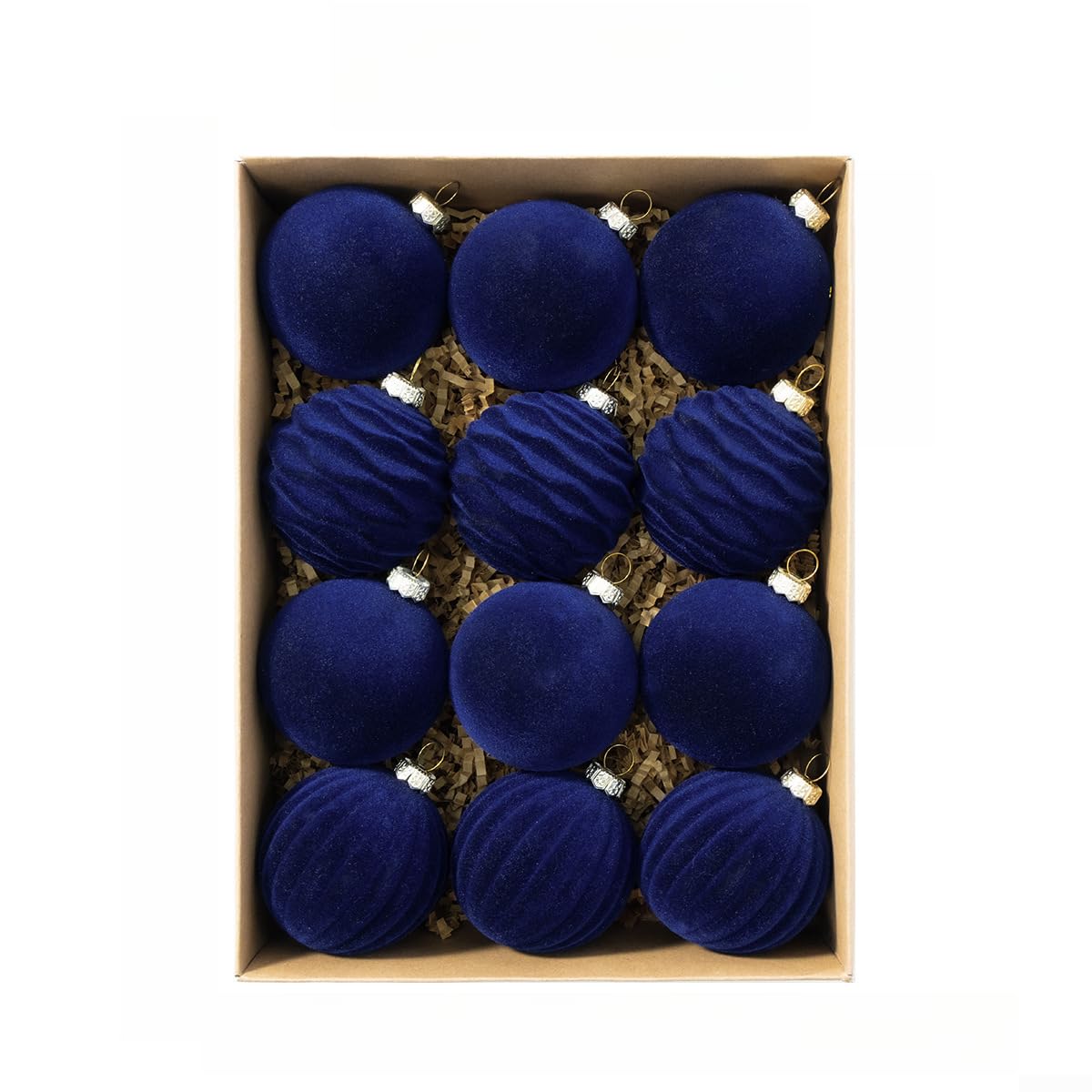 TDCuizent 12 Pack Red Flocked Christmas Baubles - Shatterproof Plastic Ornaments with Smooth Wavy Ribbed Textures Matte Finish Pre-Installed Hooks Holiday Tree Decor(Blue)