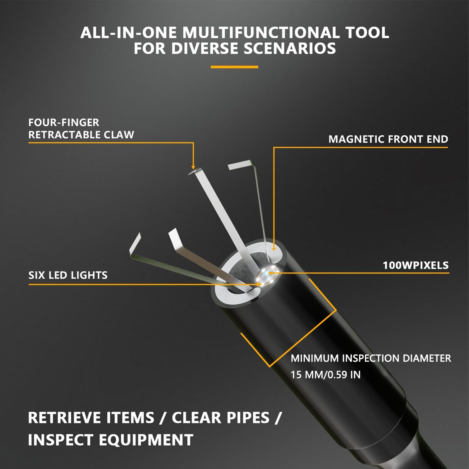 Cámara endoscópica con luz y agarrador, espejo de inspección de boroscopio de alcantarillado con pastilla magnética, alcance de serpiente de drenaje para reparación de automóviles y limpieza