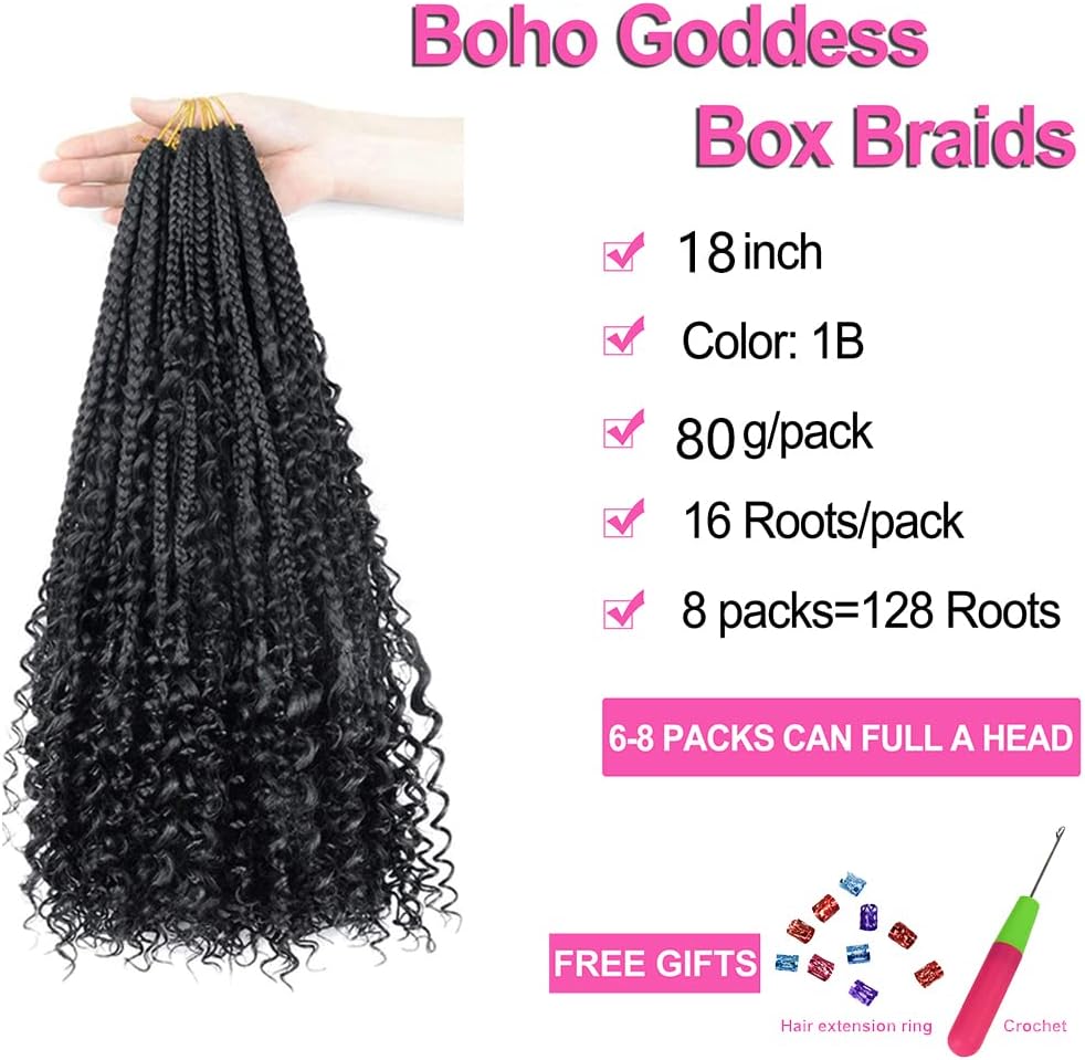 CFMY 8 Packs Crochet Braids Hair Curly 18 inch Goddess Box Braids Crochet Hair Bohemian Hippie Braids Extensions with Curly Ends Synthetic Hair Extensions for Braids(1B) - Image 4