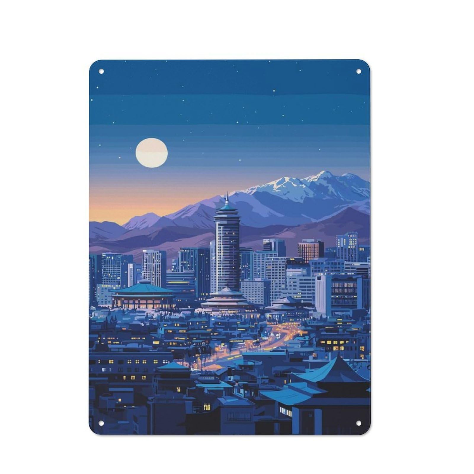 Loft Style Night Cityscape with Mountains And Moon Decorative Metal Plaque 40x30cm, Studio Wall Art for Workspace, Cafe, Hallway Or Garage