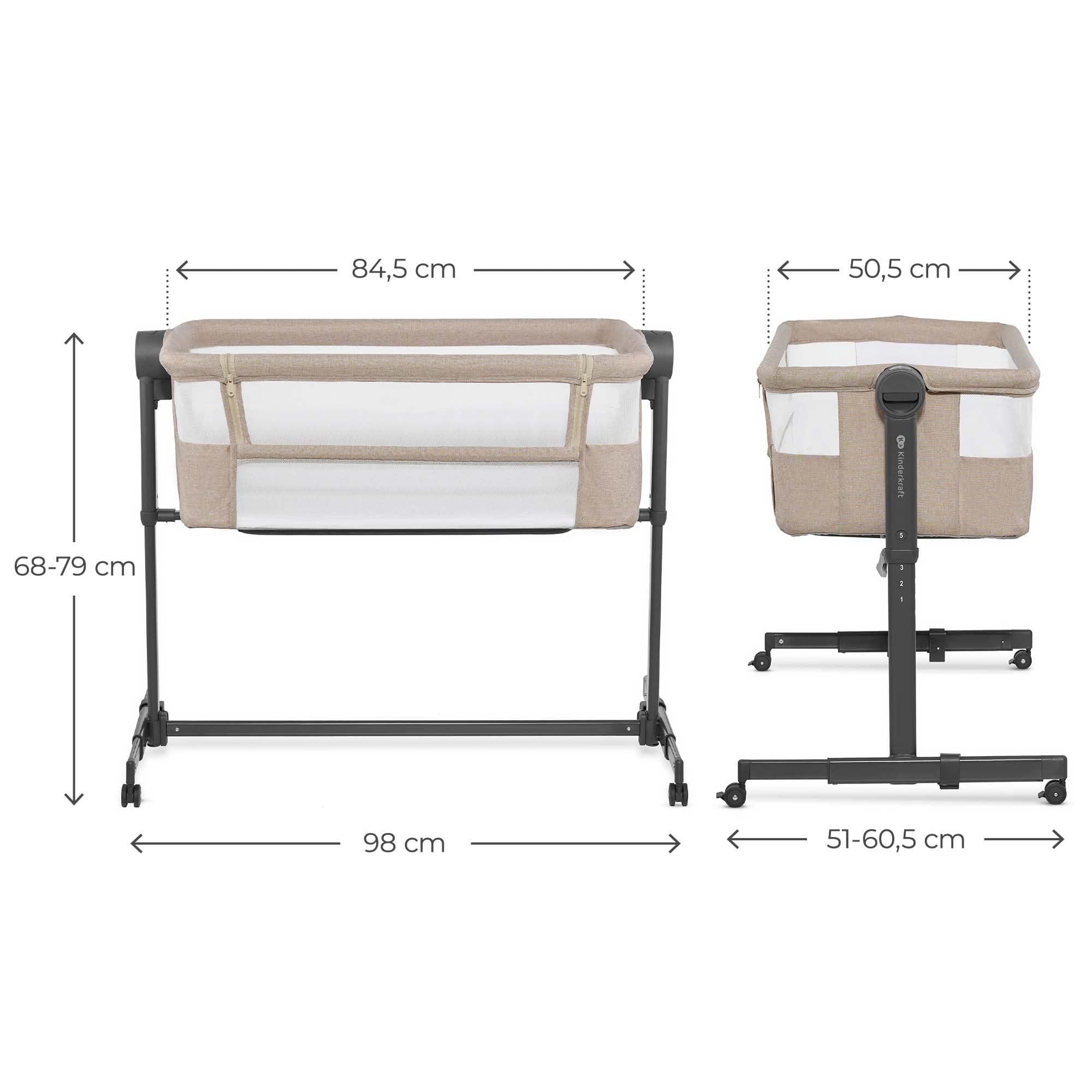 Kinderkraft Nestee UP 2 Cuna Colecho para Bebé con Colchón, Cuna de Cabecera, Fácil Ajuste de Cama de Padres, Ajuste de Altura, Buena Circulación de Aire, Ruedas transportarás, Beige