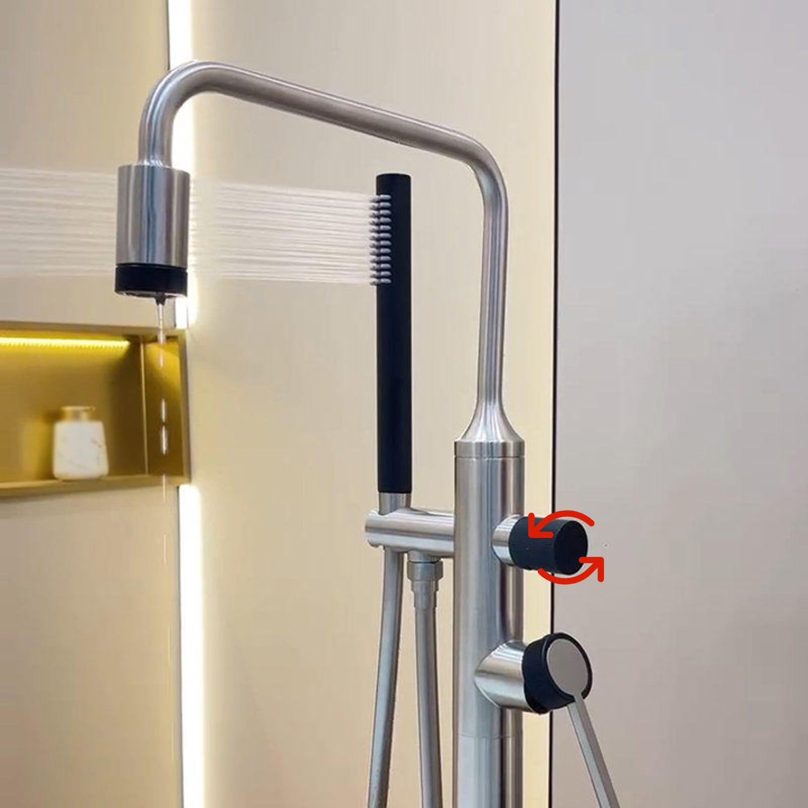 Grifo Mezclador de Bañera Y Ducha Grifo de Bañera de Pie Acabado Dorado Cepillado Monomando Agua Caliente Y Fría Acero Inoxidable Grifos de Bañera Independientes Montados En El Suelo