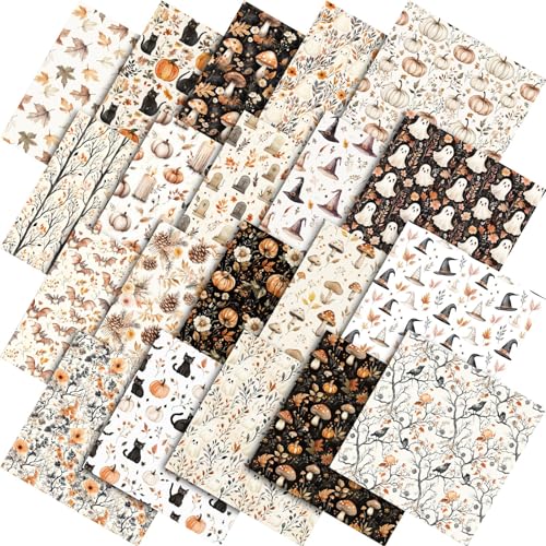 Tudomro 60 Pcs Halloween Quilting Fabric Squares 10 x 10 Inch Neutral Ghost Pumpkin Floral Fabric Bundles Boho Fall Fat Quarters Cottage Core Halloween Precut Patchwork Material for Sewing Craft Decor