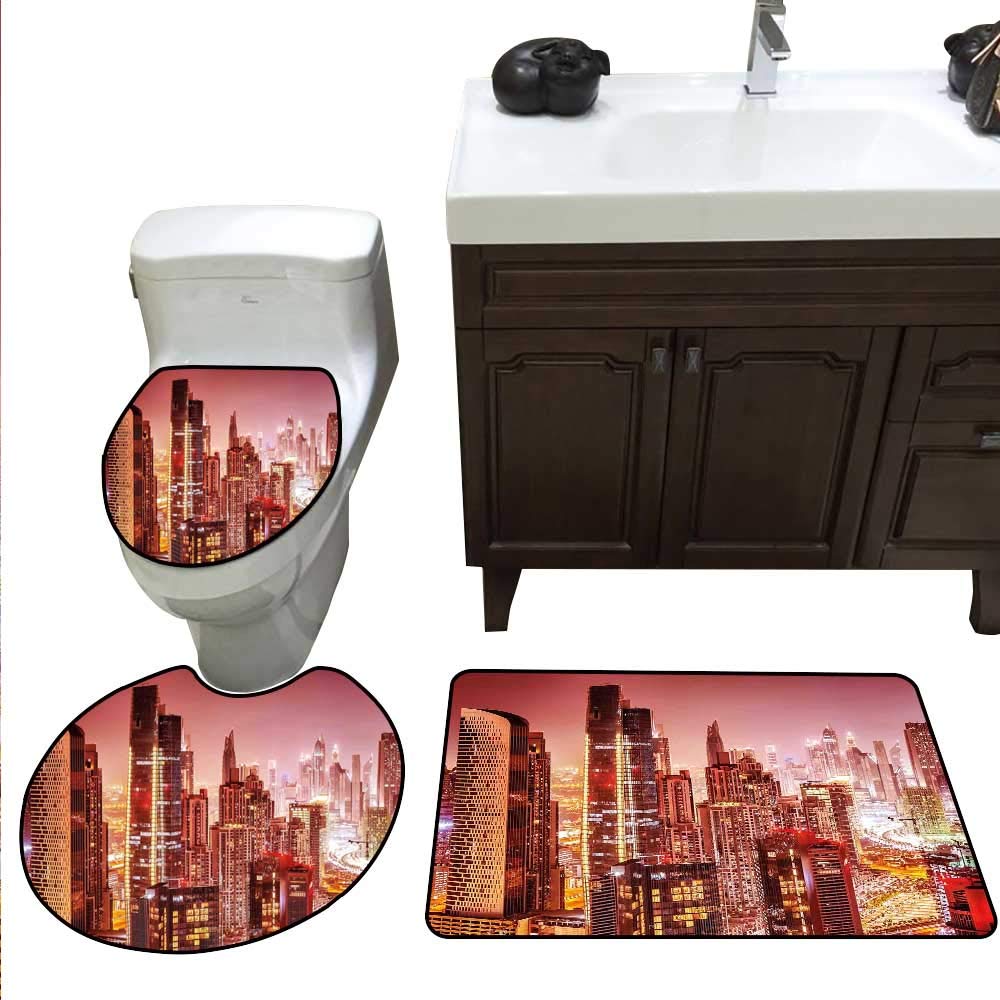 Cityscape Bath mat Set with Toilet Cover Dubai at Night Cityscape with Tall Skyscrapers Panorama Picture Arabian Peninsula Toilet Carpet Floor mat Set Pink Gold