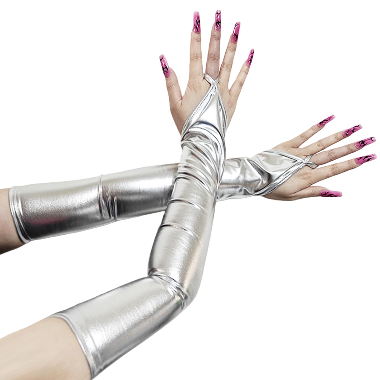 GWAWG Silver Metallic Gloves,Long Fingerless Metallic fingerless Patent Leather Shiny Elbow Length Gloves,Evening Opera Party Costume For Stage Cosplay Night Club