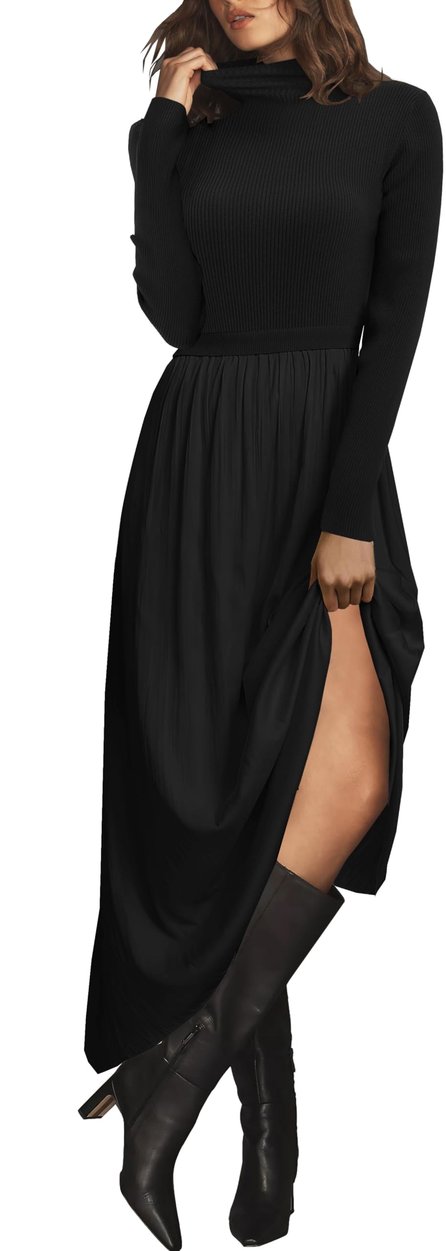 Womes Mock Turtleneck Long Sleeve Ribbed Knit Pullover Tops Fashion Long Maxi Dress