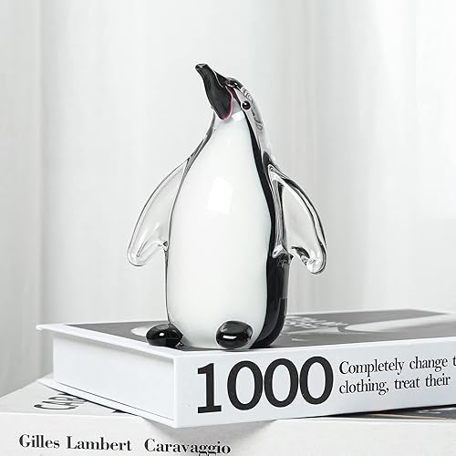 Miniatura 2 de LONGWIN Escultura de pingüino de vidrio soplado a mano, estatuilla de animales de cristal, adornos de decoración de escritorio coleccionables