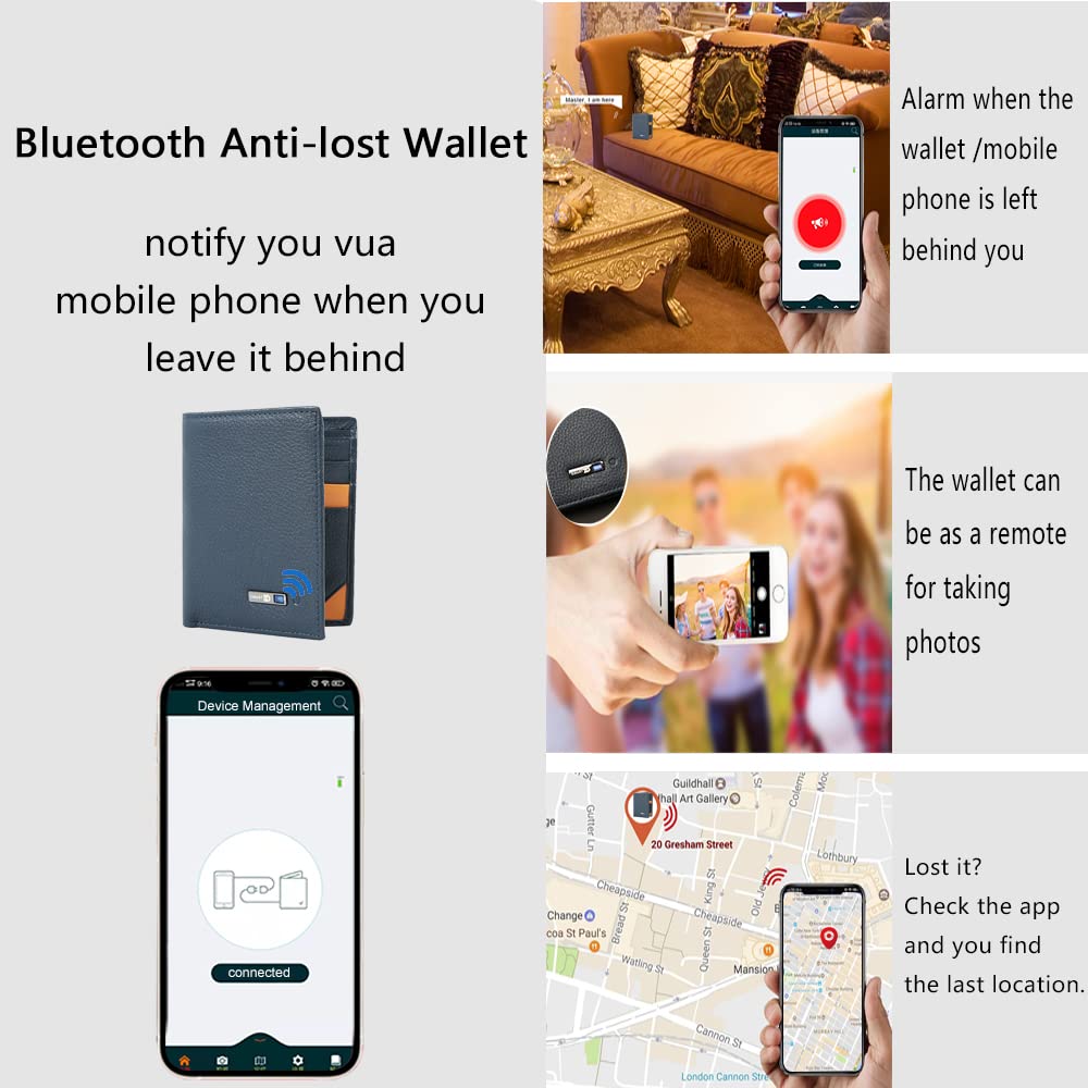 SMART LB Anti-Lost Bluetooth Wallet Tracker & Finder, Mens Slim Minimalist trackable Cool leather wallet Credit Card Holder Gifts with Box (Blue)