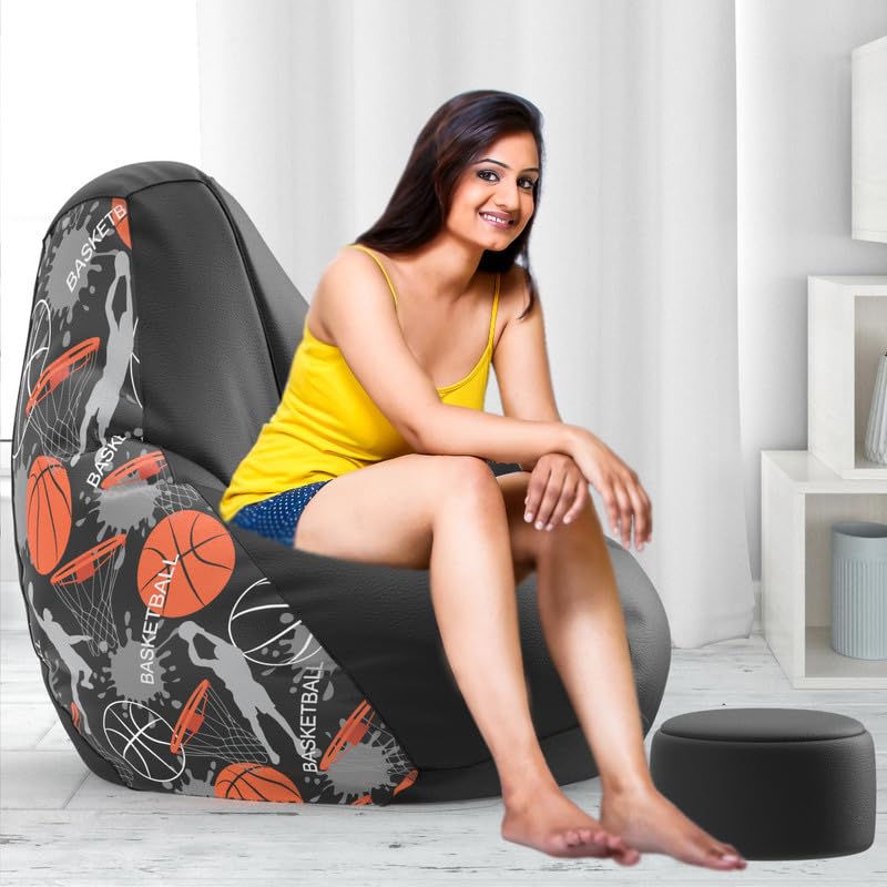 Image of Biggie Bean Bag Chair 4XL with Beans Filled-Pop Prints-Printed Designer Bags-Where Prints Meet Personality with Free Cushion & Footrest (Matching Color : Printed, Basketball - H - Black)