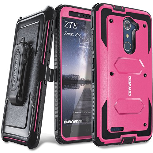 COVRWARE [Aegis Series] case Compatible with ZTE ZMAX PRO/ZTE Carry, with Built-in [Screen Protector] Heavy Duty Full-Body Rugged Holster Armor Case [Belt Swivel Clip][Kickstand], Pink