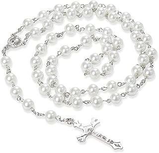 Rosary Necklace for Women Men Evil Eye Rosary Necklace Pearl Beads Catholic Necklace Jesus Christ Cross Rosary Necklace for Boys Girls