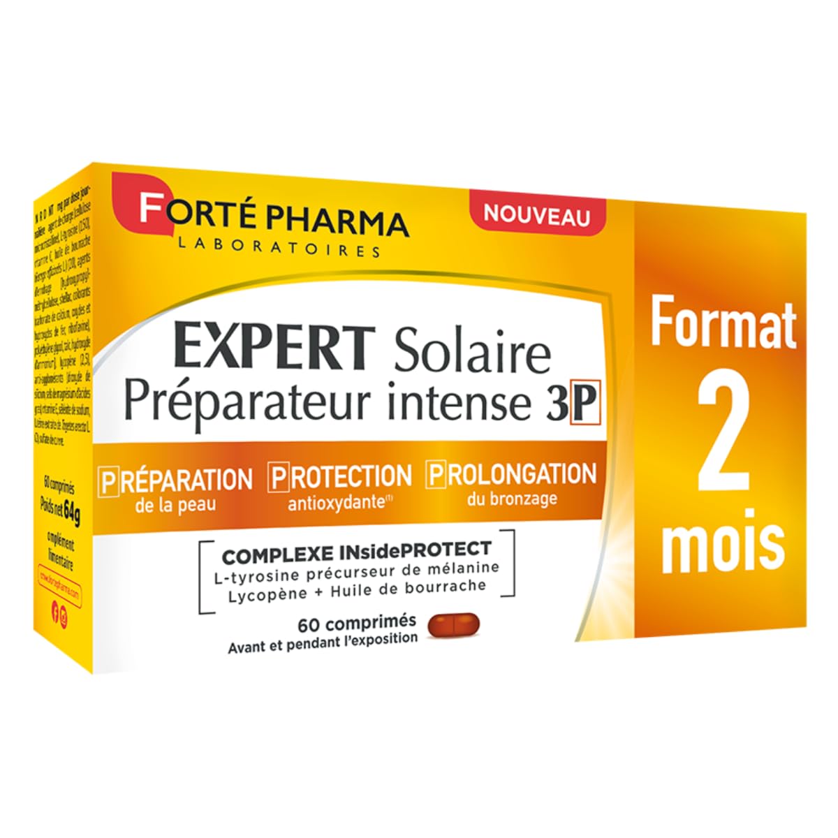Forté Pharma - Expert Solaire Préparateur Intense 3P - Complement alimentaire bronzage 3en1 - Préparateur solaire Protège Prolonge - Sélénium, L-tyrosine, Caroténoïdes, Cuivre - 60 comprimés, 1/jour