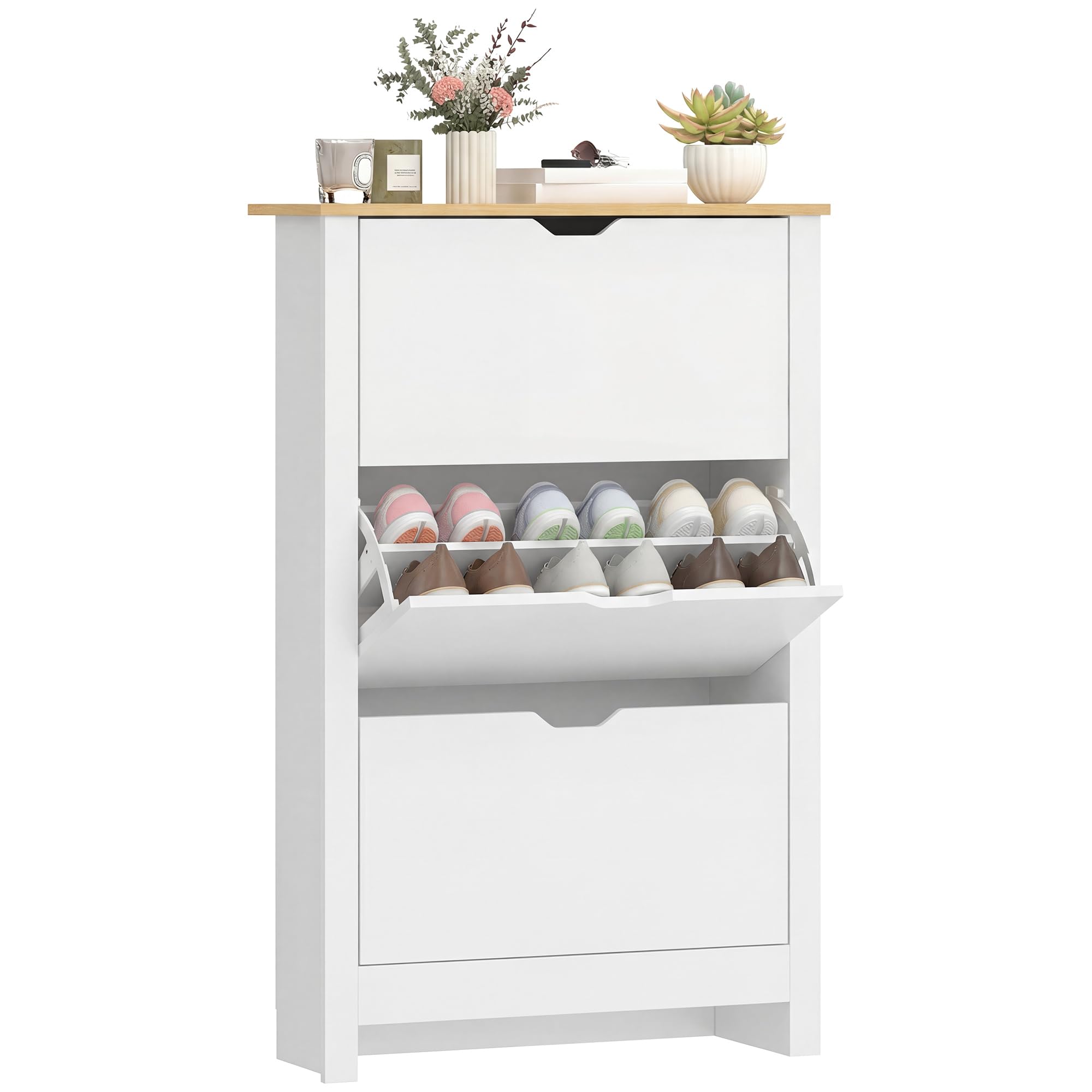 HOMCOM Narrow Shoe Cabinet, Space Saving Shoe Storage Cabinet with 3 Flip Drawers and Adjustable Shelves for 9-18 Pairs of Shoes for Hallways and Living Room, White