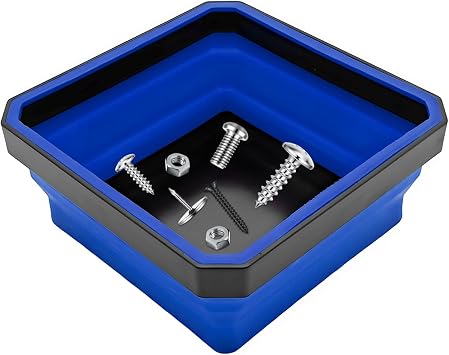 Collapsible Magnetic Parts Tray, 4.5" Square Metal Parts Organizer with Dual-Sided Magnetic Base, Foldable Tools Tray Silicone Storage Bowl for Screws Bolts Nuts Washers Pins Blue