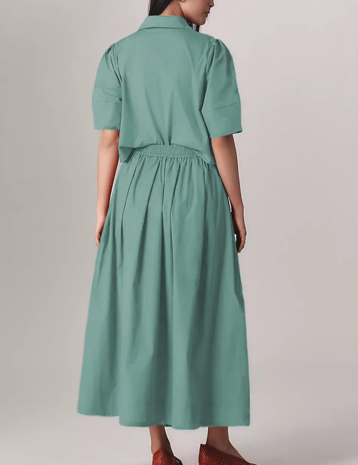 Womens Summer 2 Piece Outfits Skirt Sets Button Short Sleeve Tops Elastic Waist Maxi Dress Sets with Pockets - Image 4