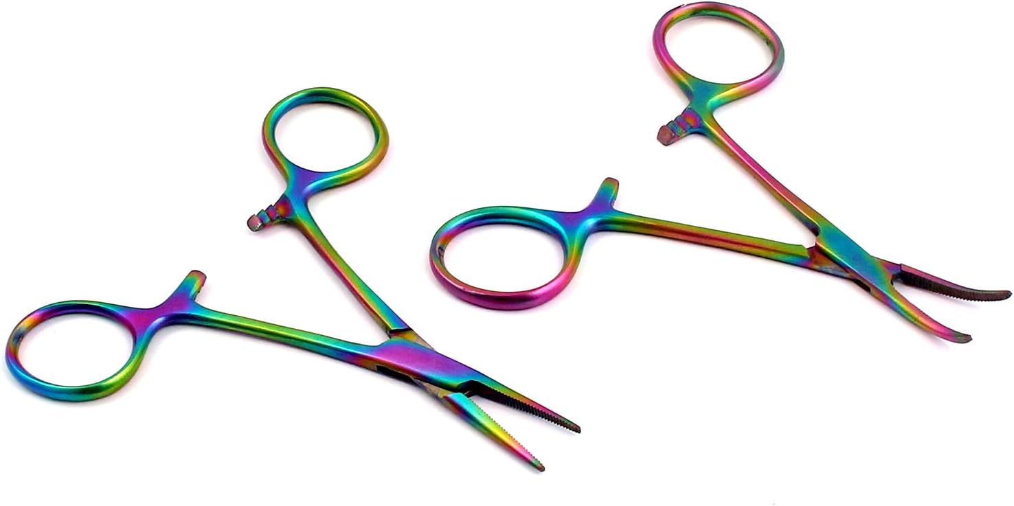 Set of 2 Multi Color Rainbow Mosquito Hemostat Forceps 3.5" Straight & Curved Stainless Steel by G.S Online Store