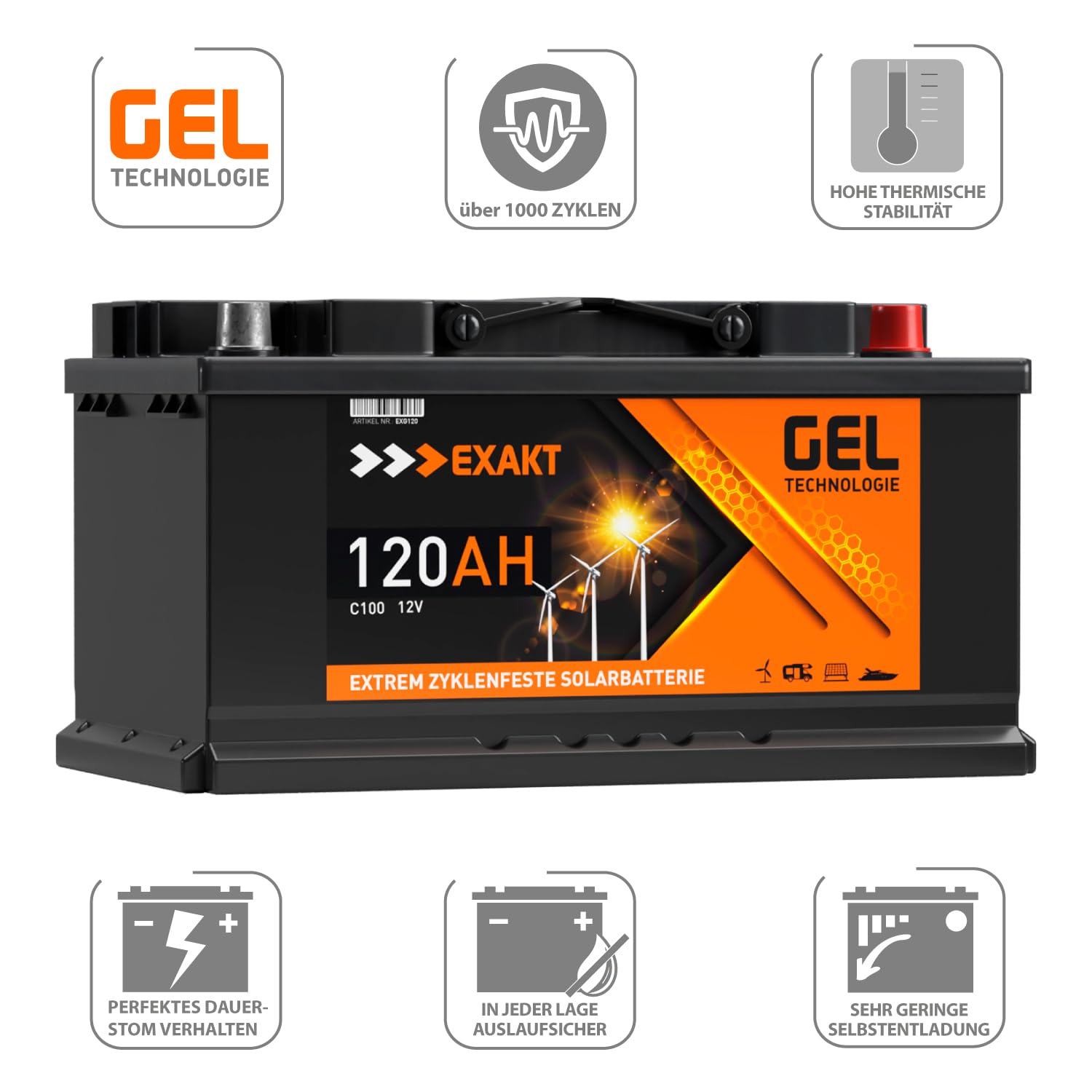 GEL Batterie 120Ah 12V Solarbatterie Wohnmobil Boot Solar Akku ersetzt 100Ah