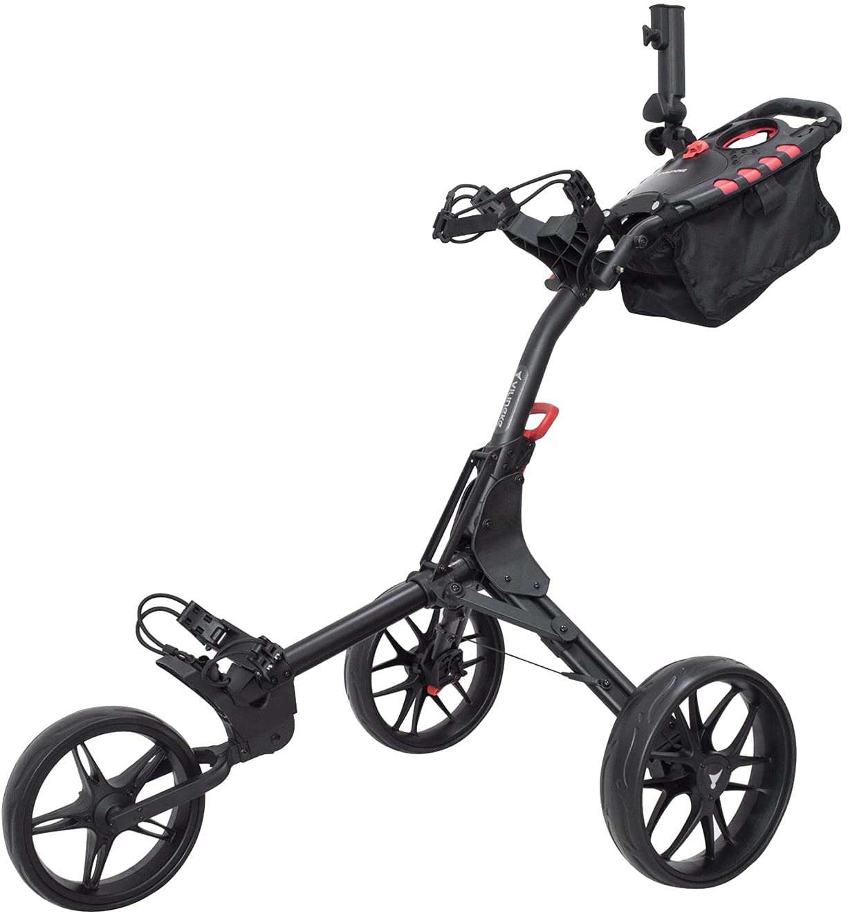 Newfly Chariot de golf à 3 roues ultra léger, pliable, avec frein à pied, facile à ouvrir et à fermer, avec porte-parapluie et sac de rangement