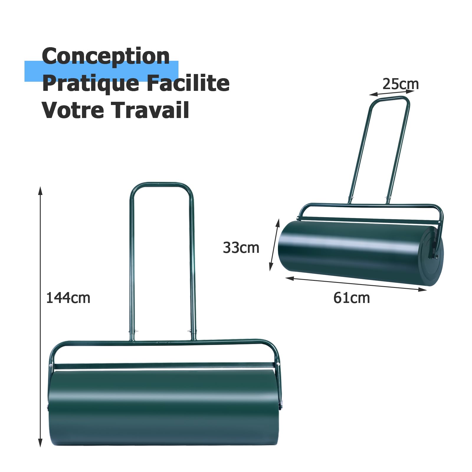 RELAX4LIFE Rouleau à Gazon avec Réservoire pour Le Jardin, Construction en Acier avec Pare-Boue, Volume de Remplissage de Sable ou l’Eau : 48 L, φ32cm, Largeur 65 CM, Hauteur : 114 CM, Vert