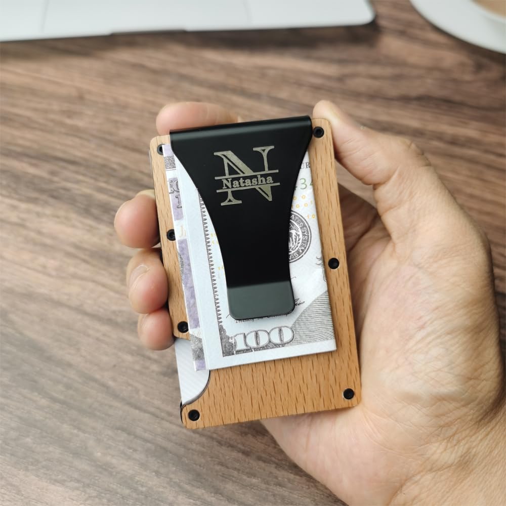 Asbanzerks Personalized Slim Wallet For Men, Custom Front Pocket Wallet with Money Clip, Minimalist Wallet for Men with RFID Blocking- Free Engraving (Beech)