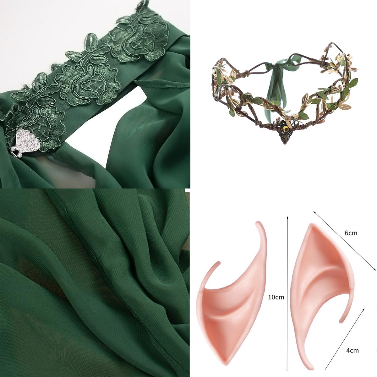 Cape elfique médiévale vintage pour femme, cape elfe de la forêt (couronne d'elfe et oreilles d'elfe incluses)