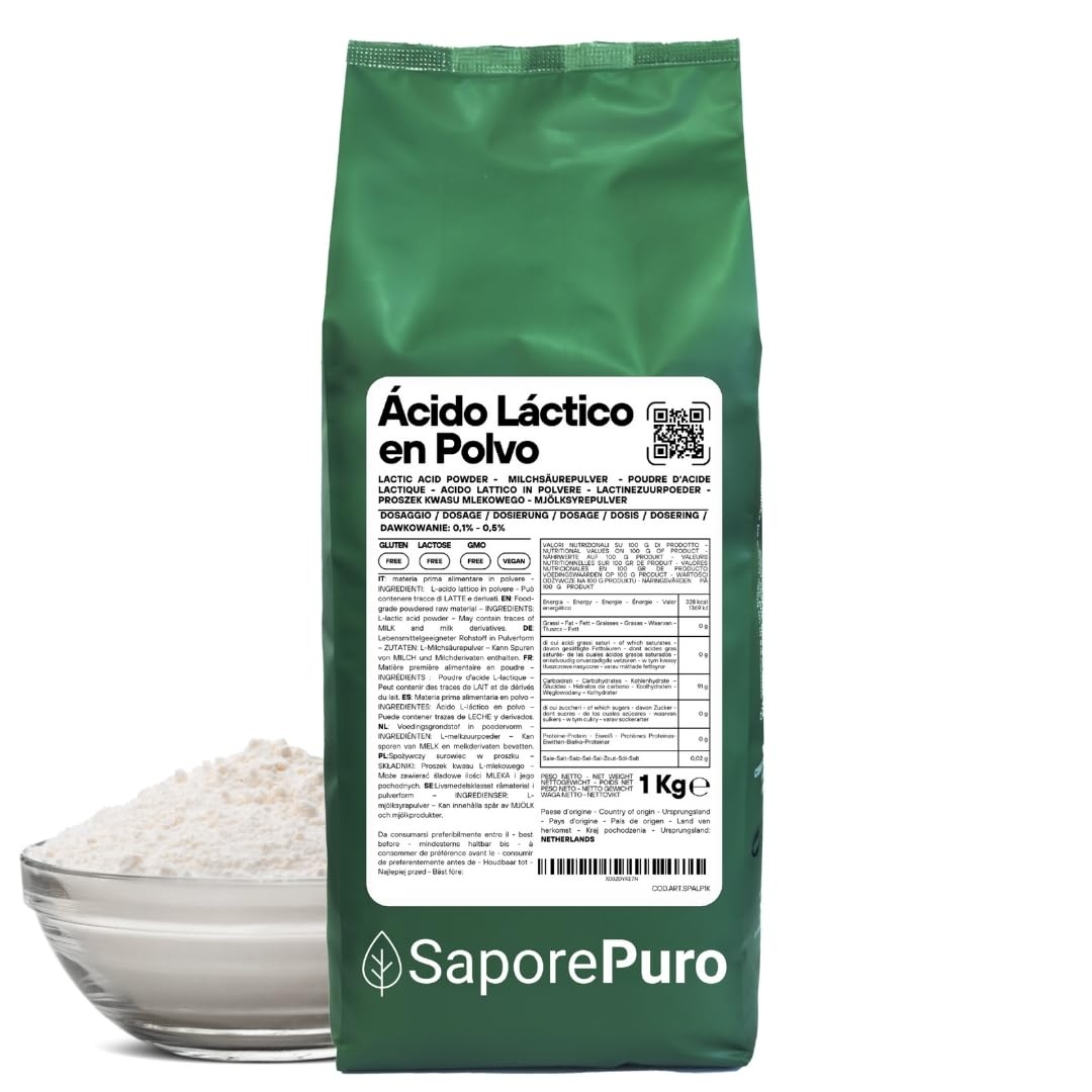 SaporePuro Ácido Láctico en Polvo 1 kg – Pura Calidad Alimentaria – Para Panificación, Lácteos, Bebidas Fermentadas y Uso Cosmético