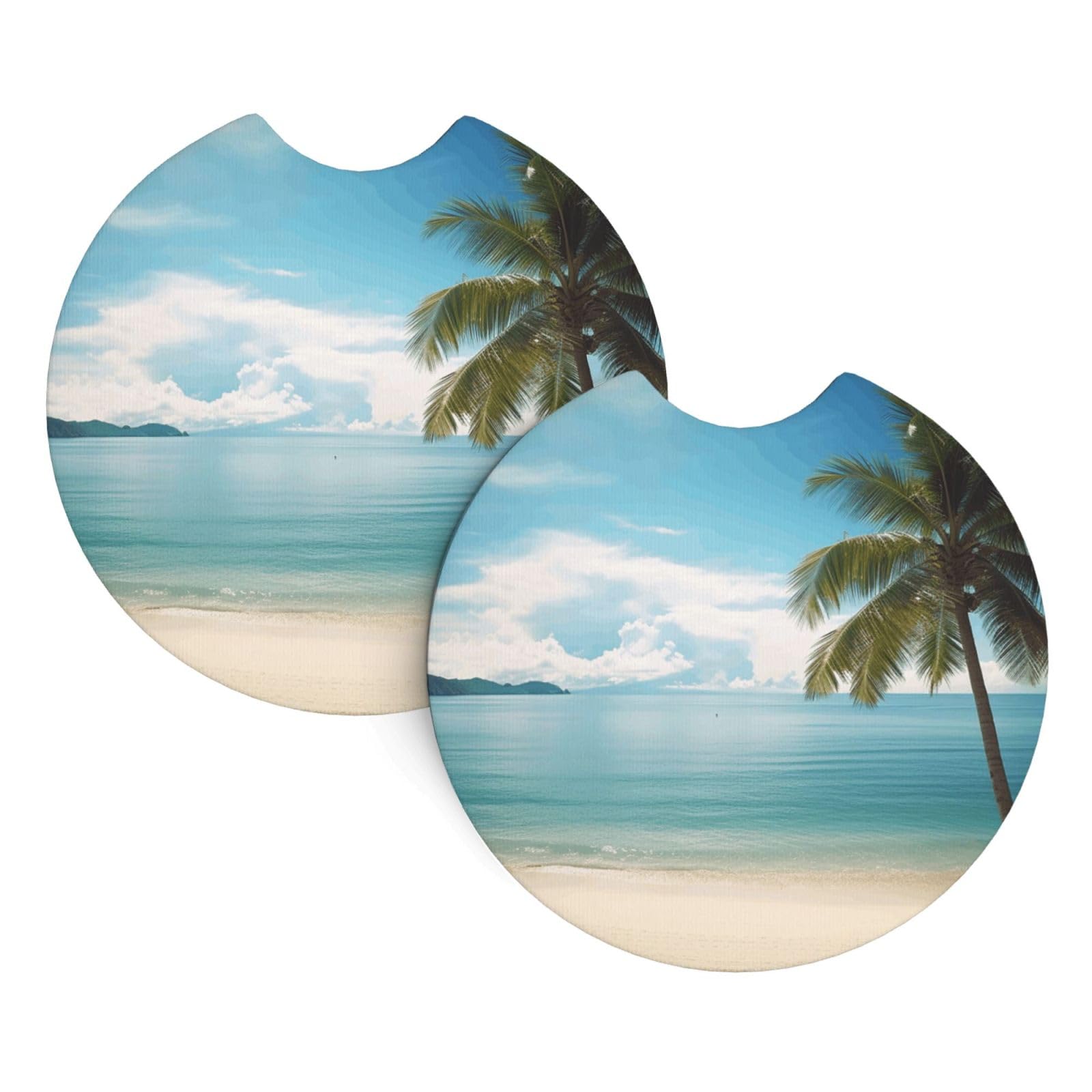 2PCS Car Coaster for Cup Holders Universal Auto Cup Mat Beach and Palm Tree Cup Coaster Pad 2.7" Waterproof Neoprene Non-Slip Cup Holder Coasters Car Interior Accessories for Women Men