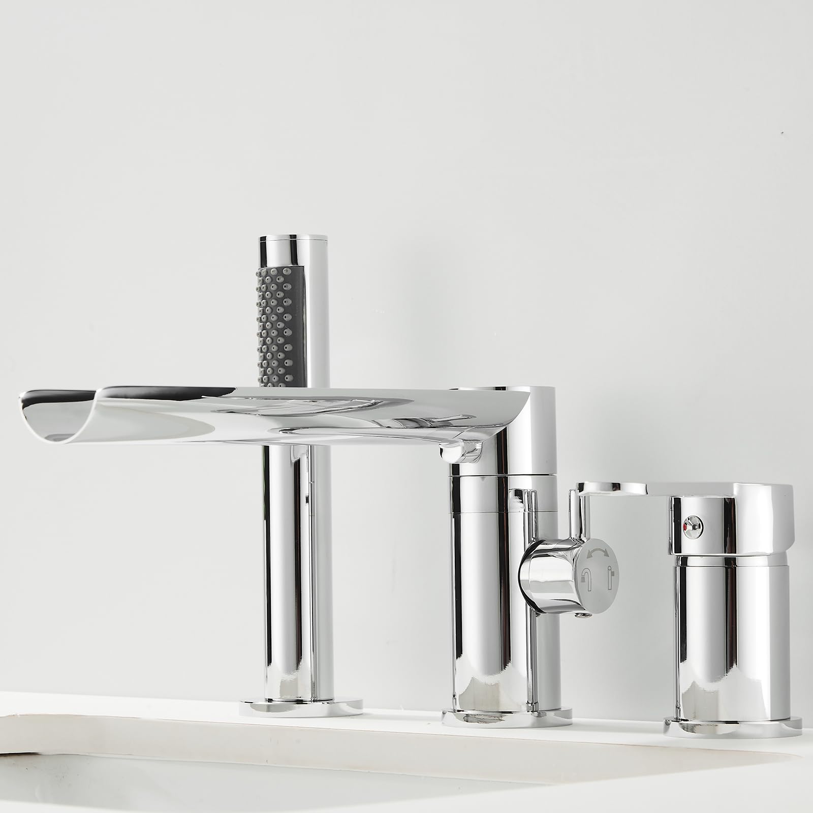 SnamicE Bath Mixer Tap with Deck Mounted Shower 3 Hole Multifunctional Waterfall Rotating Tap Bath Single Handle Faucet Black,Chrome