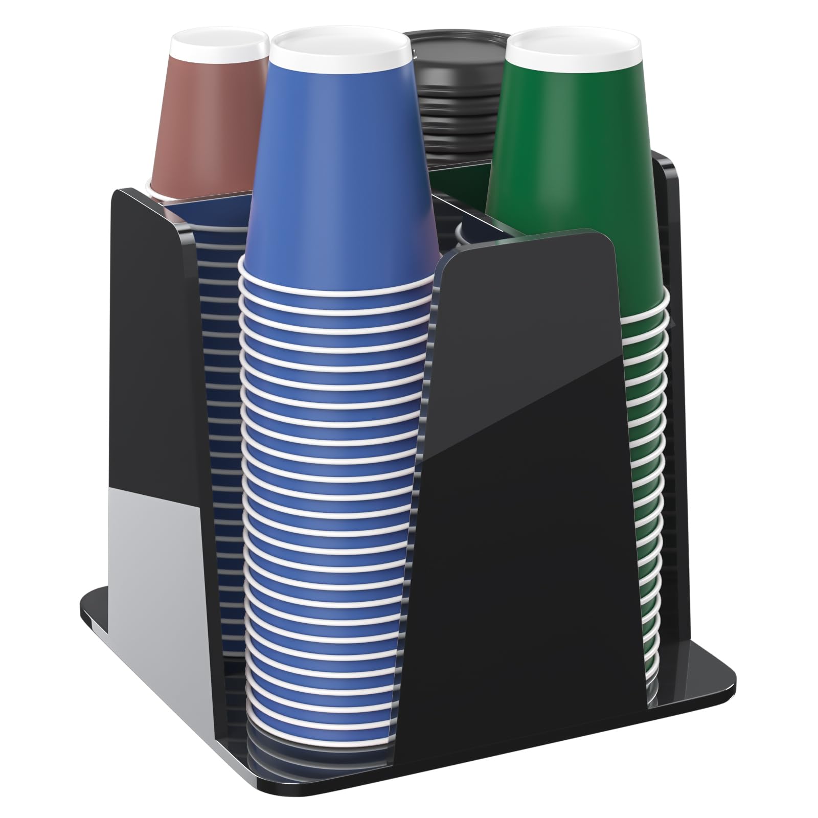 HOUSEDOMO Coffee Cup Organizer for Countertop - Rotating Plastic Cup Holder 4 Compartments Black Acrylic Cup and Lid Holder for Coffee Bar Restaurant