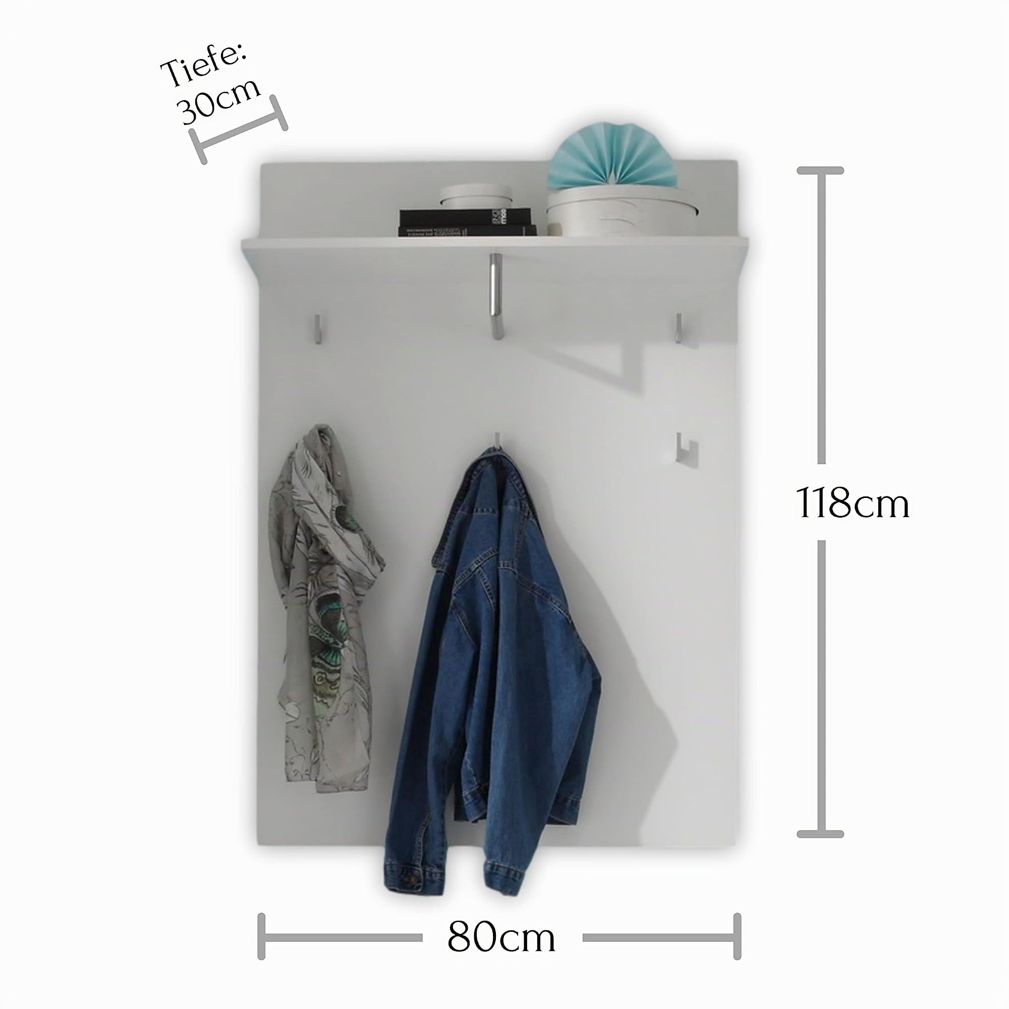 Stella Trading SPICE Garderobenpaneel in Hochglanz Weiß - Moderne Hutablage & zuverlässige Wandhaken für Jacken & Taschen - 80 x 118 x 30 cm (B/H/T)