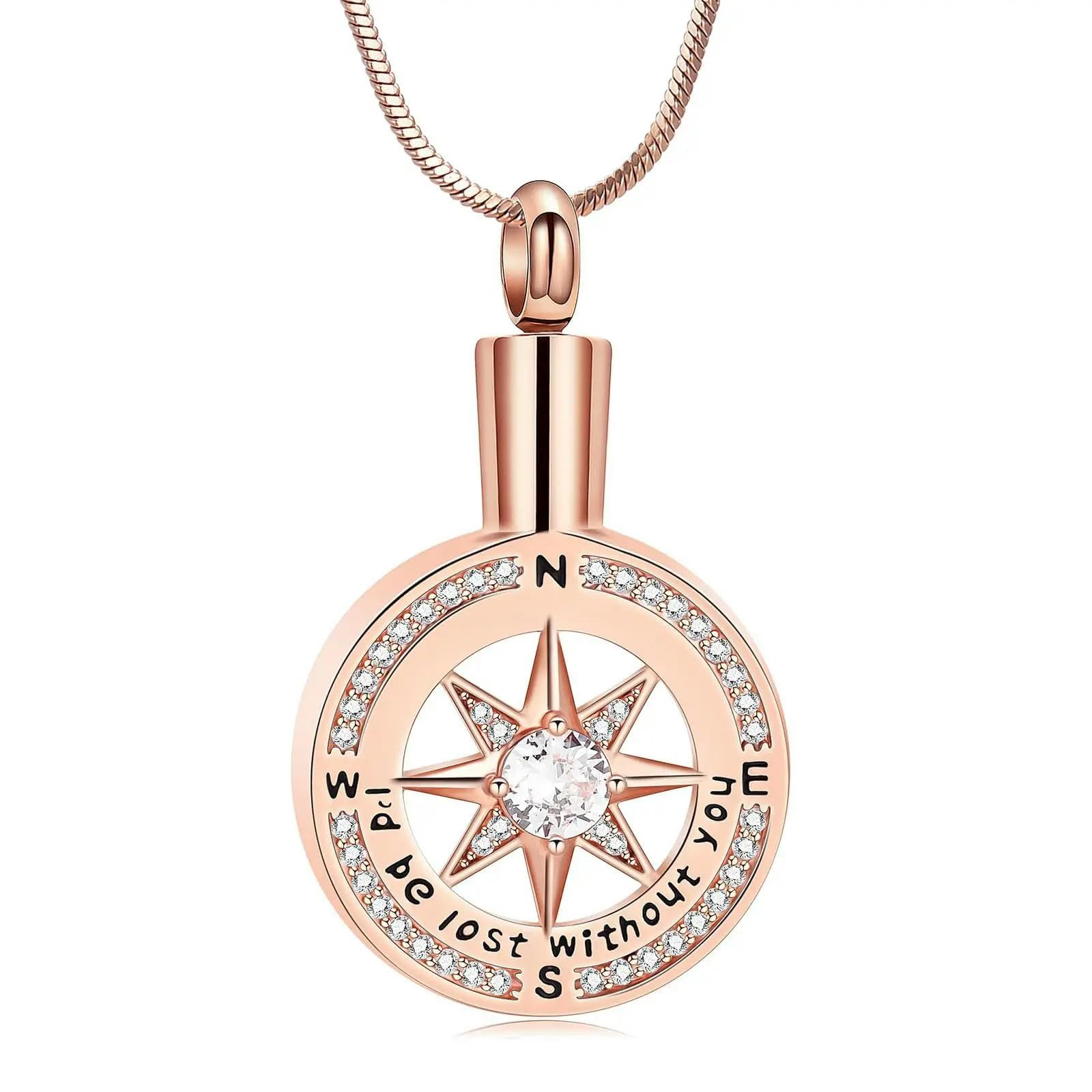 ADENLA Compass Urn Necklace for Ashes Memorial Cremation Jewelry for Human Pet Ashes Bereavement Keepsake Pendant Locket-Rose Gold