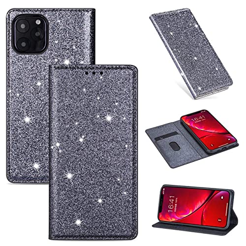 Étui à rabat en cuir haut de gamme à paillettes pour iPhone XS et X gris