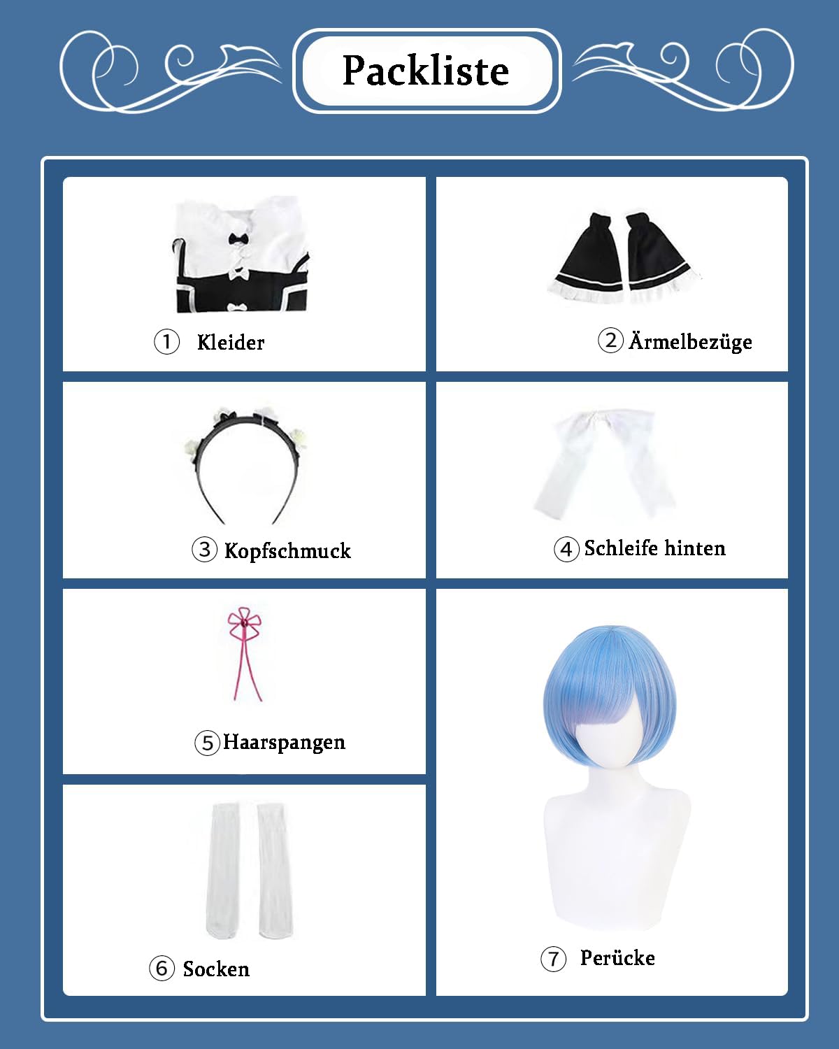 Fiamll Anime Ram Rem Cosplay Disfraz Emilia Outfit Re Life In A Different World From Zero Maid Vestido Uniforme Completo Set Carnaval Dress Up Traje con Peluca para Mujeres Niñas
