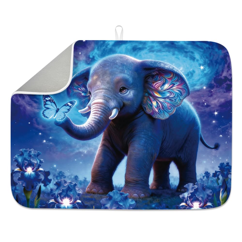 INFUNLY Galaxy Elephant Elephant Dish Drying Mat 60x45cm Elephant Butterfly Absorbent Dish Draining Mat Heat Resistant Starry Night Dishes Drainer Pad for Kitchen Counter Sink Refrigerator